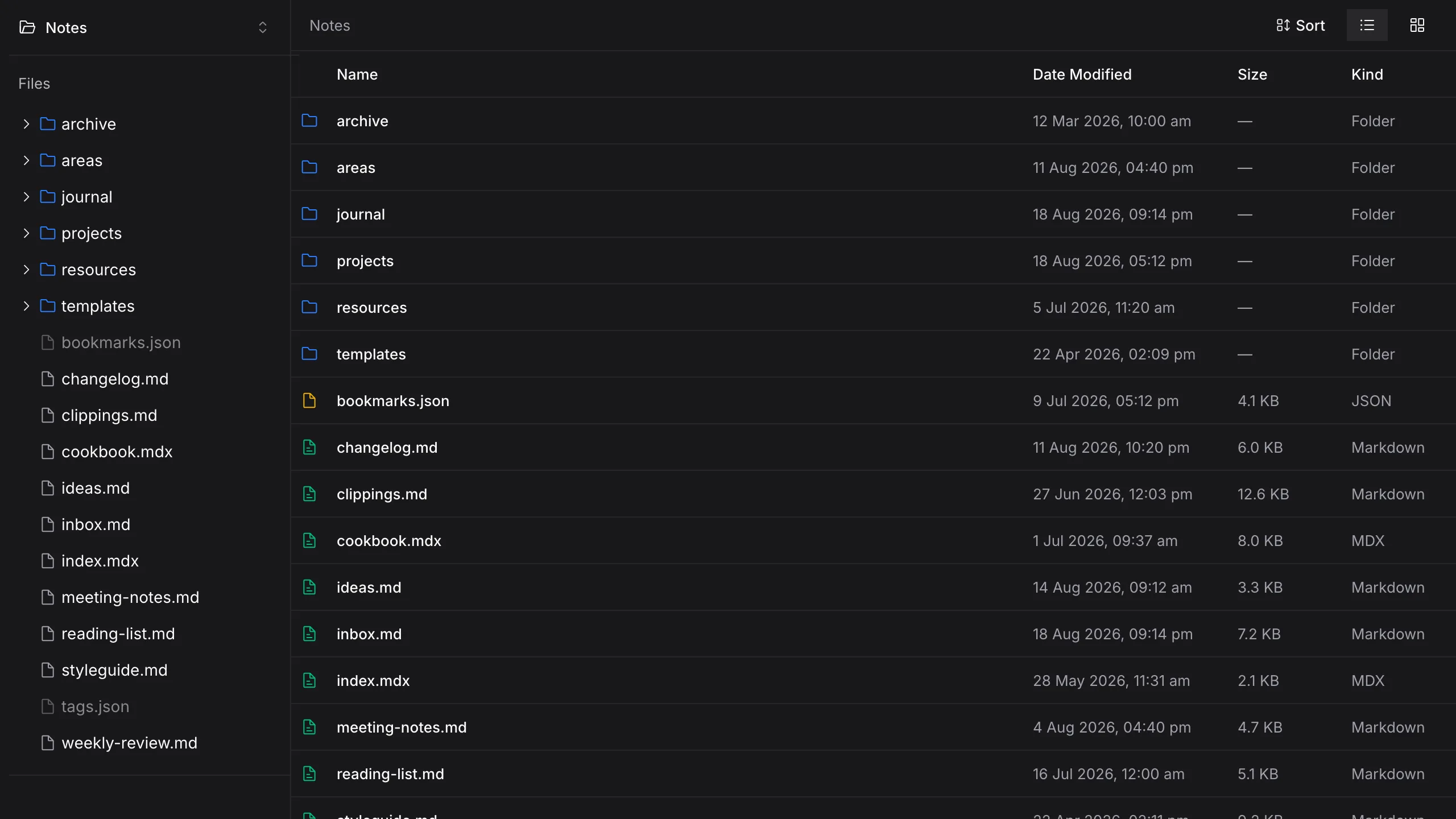 The Folio file list showing a Notes workspace with folders, markdown files and modified dates