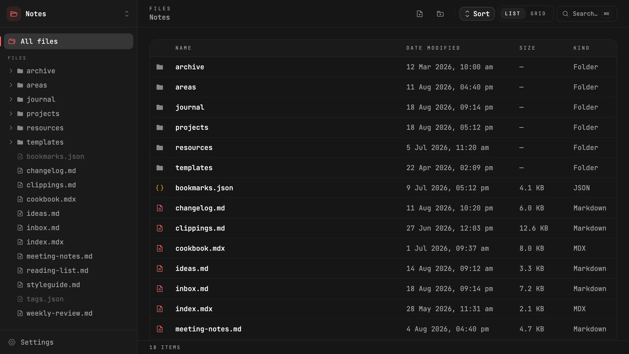 The Folio file list for a Notes workspace: folders first, then markdown files with dates, sizes and kinds