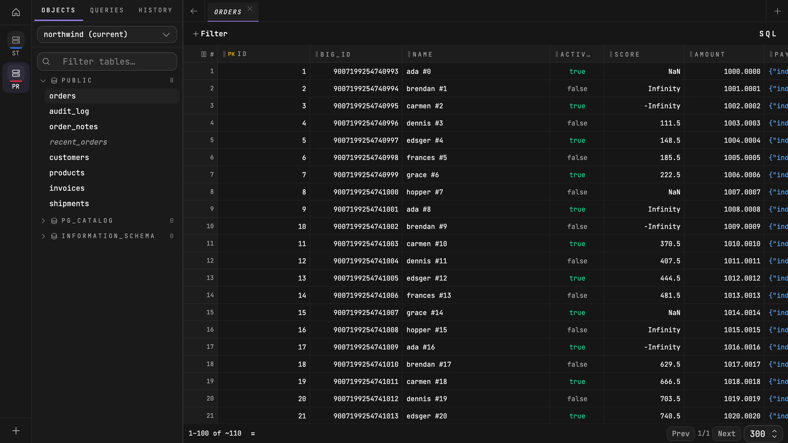 Quarry workspace showing the public schema tree and a filled orders grid with typed cells