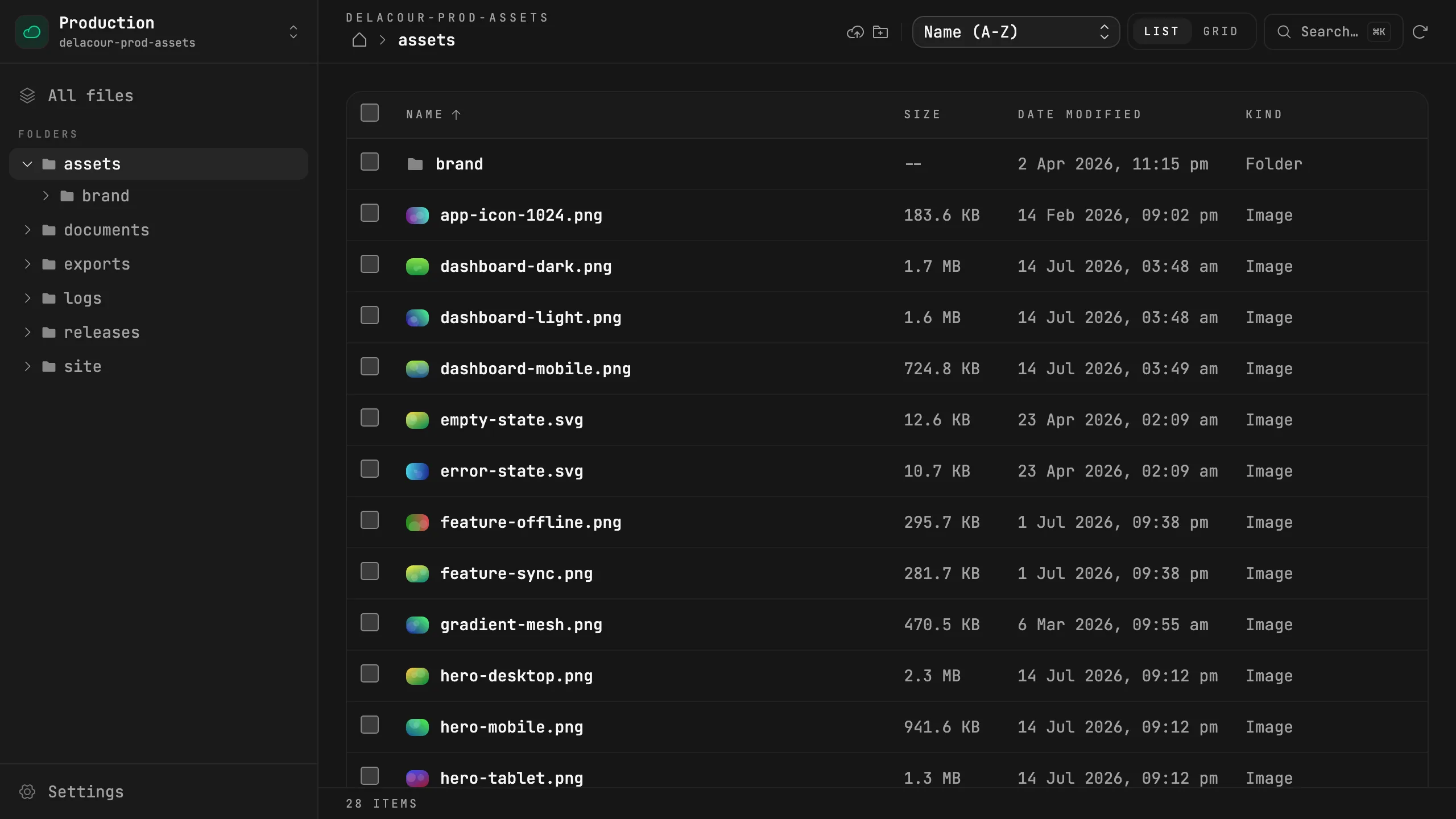 The Nimbus file list browsing a Cloudflare R2 bucket: an assets folder with thumbnails, sizes, dates and kinds, and the folder tree in the sidebar