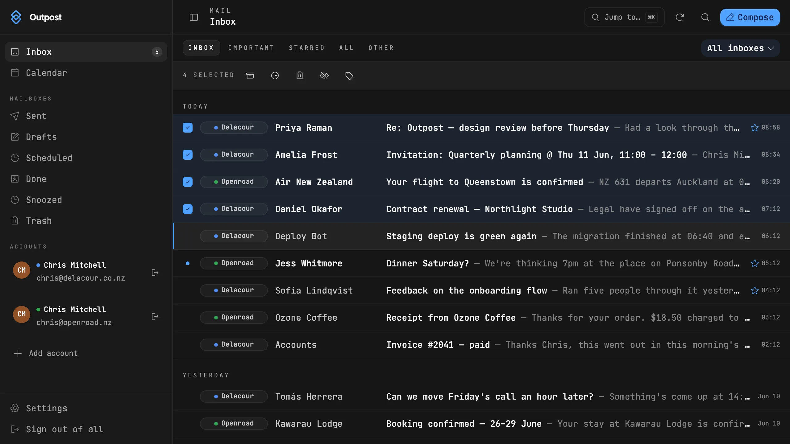 Outpost inbox with four conversations selected and the bulk action toolbar open