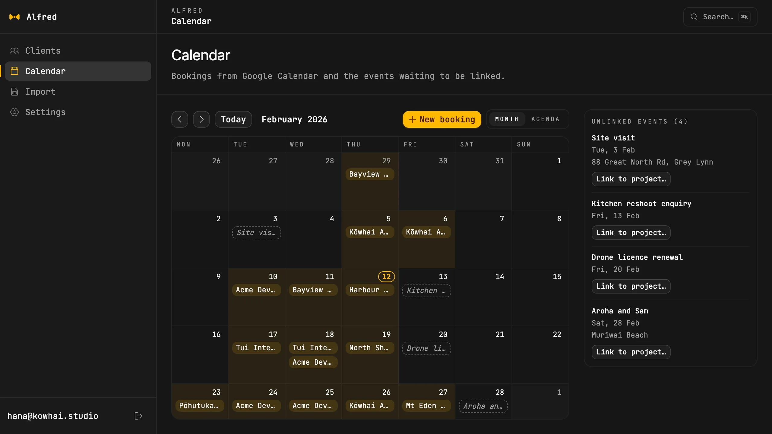 Alfred month calendar for February 2026 with booking chips, dashed unlinked events and an Unlinked events panel with Link to project buttons