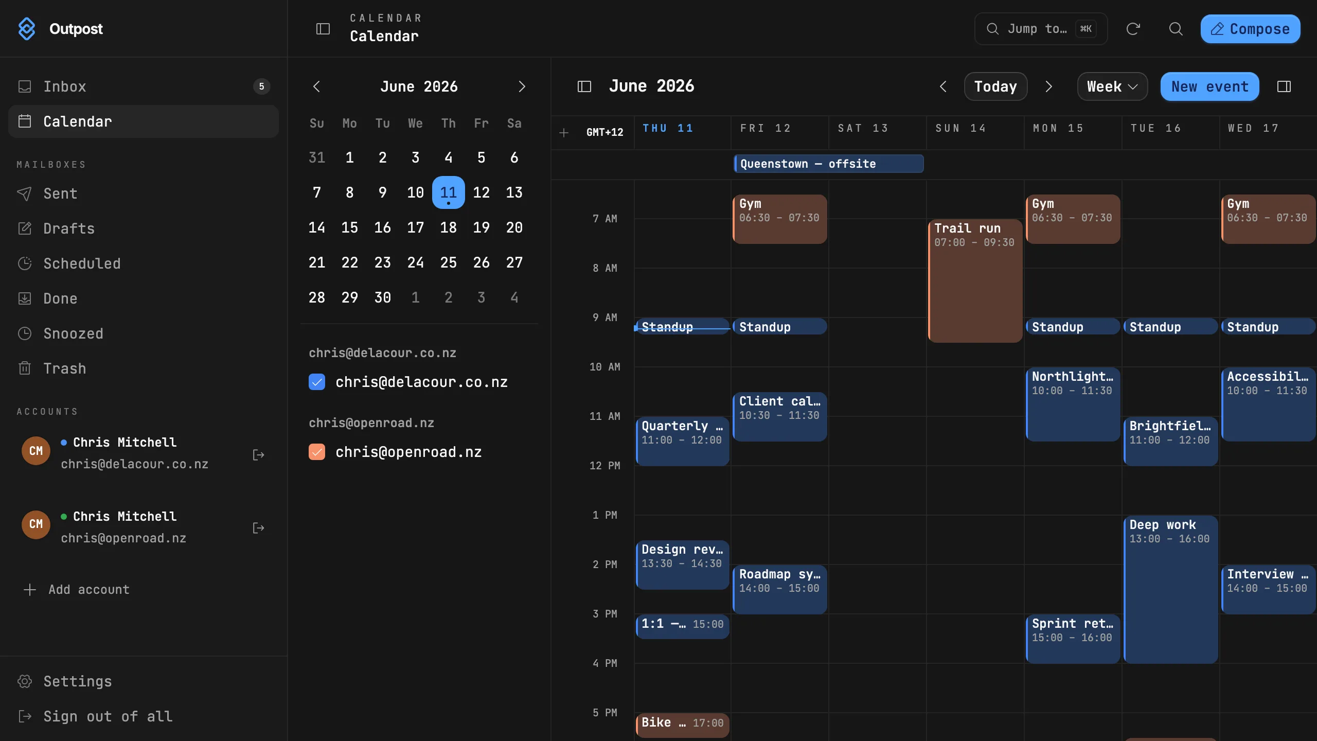 Outpost week view showing merged events from two Google Calendar accounts