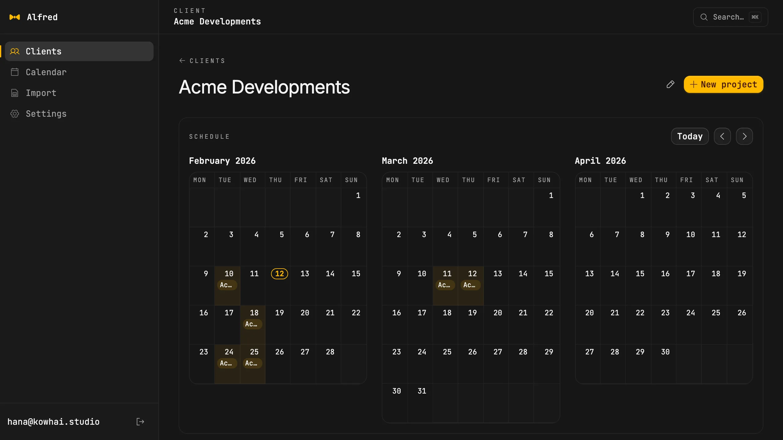 Alfred client page listing three projects and their recent bookings