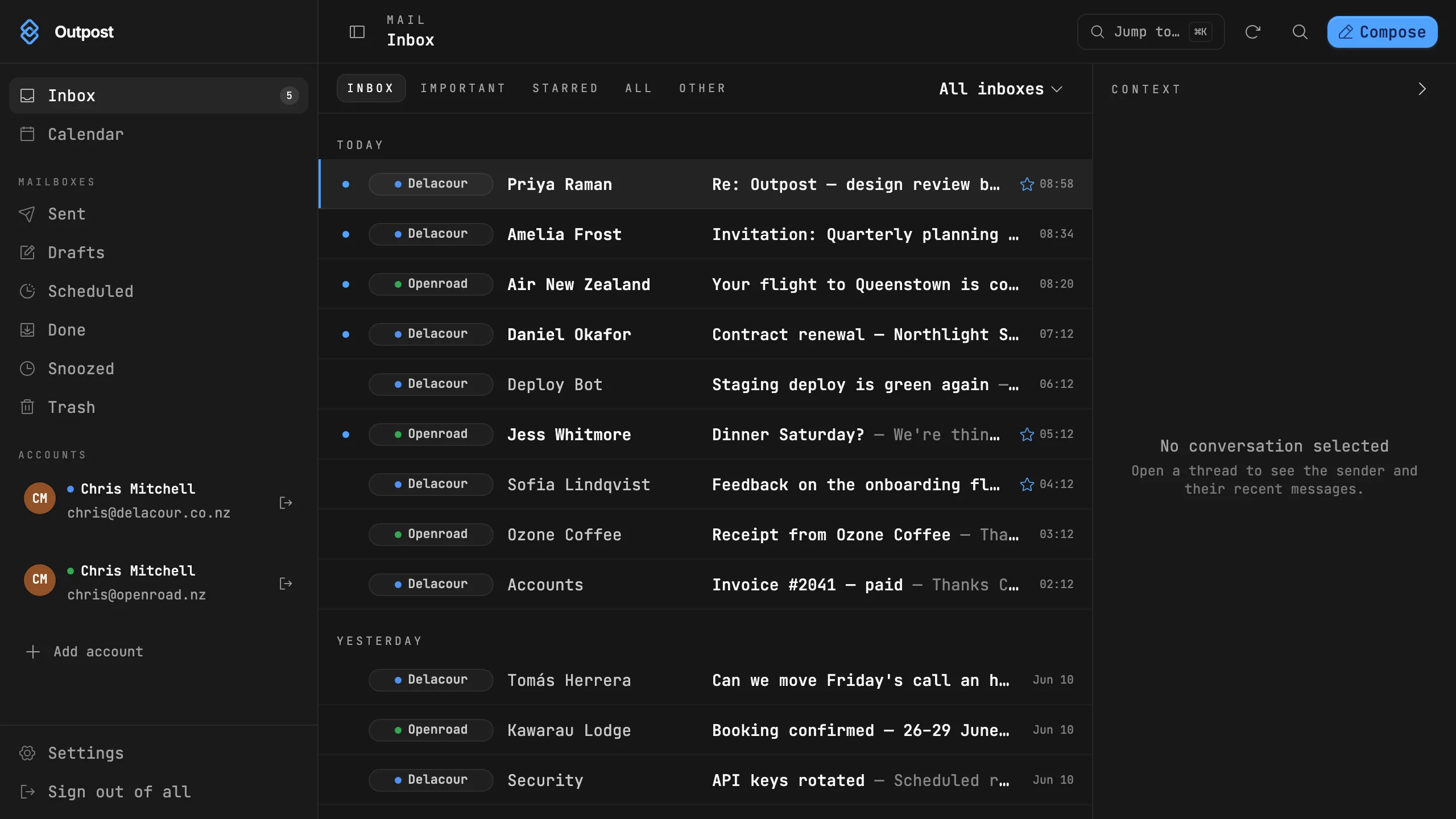 Outpost command palette listing navigation and compose commands with their shortcuts