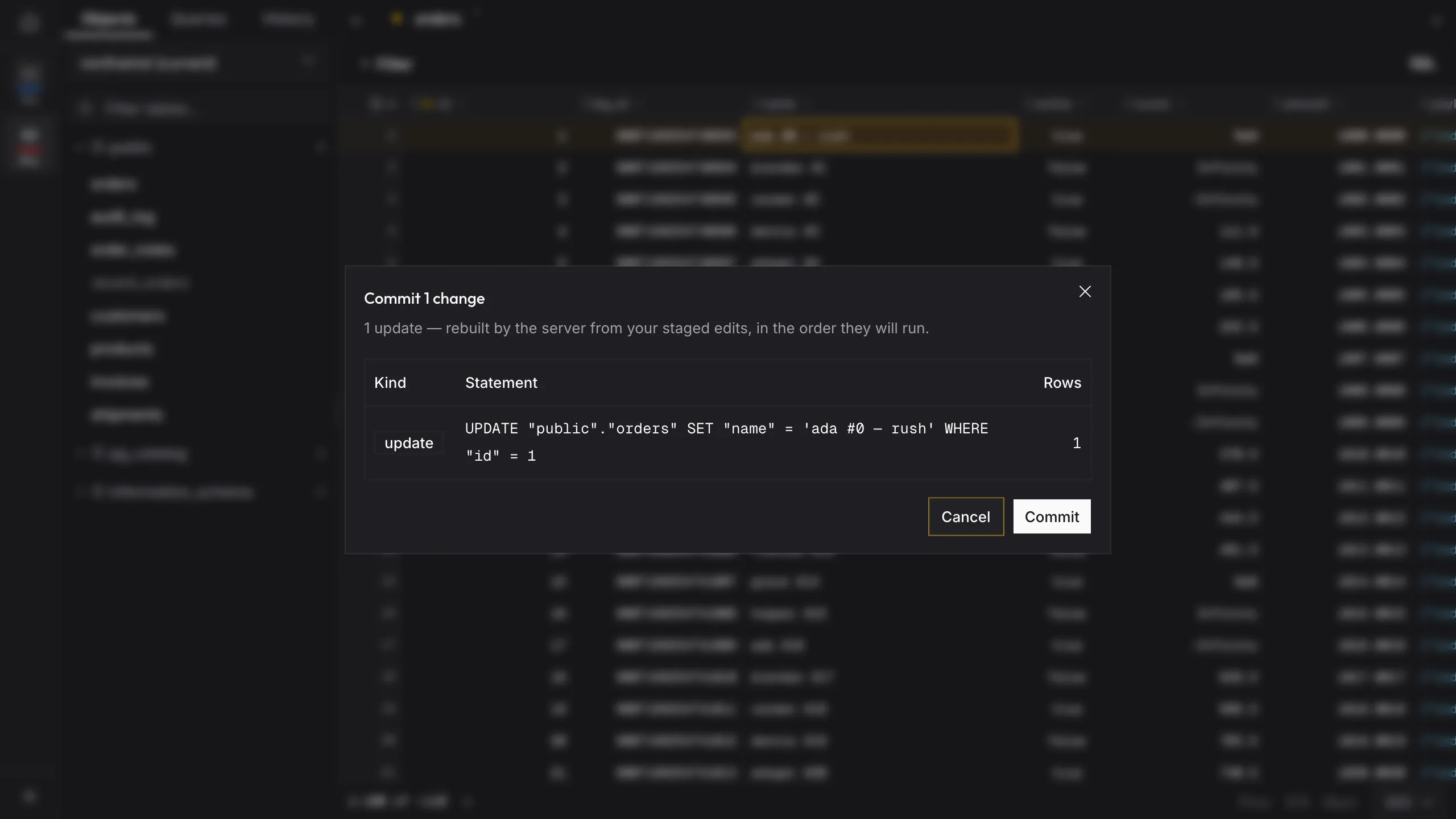 Quarry commit preview dialog showing an UPDATE on public.orders for one staged edit