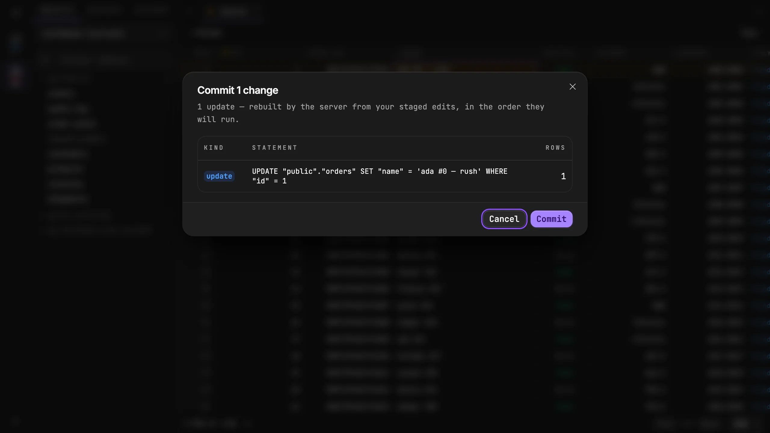 Quarry commit preview dialog showing an UPDATE on public.orders for one staged edit