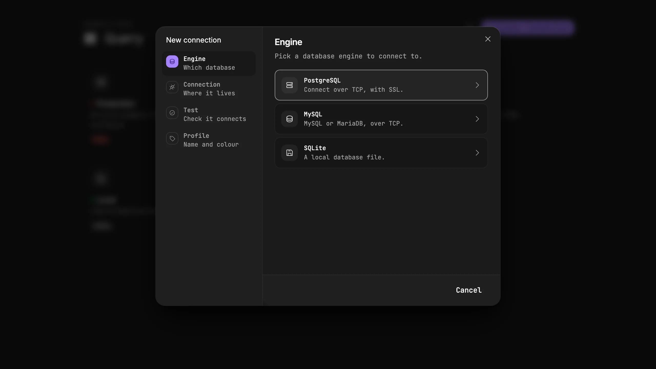 Quarry new-connection dialog with PostgreSQL, MySQL and SQLite engine tiles