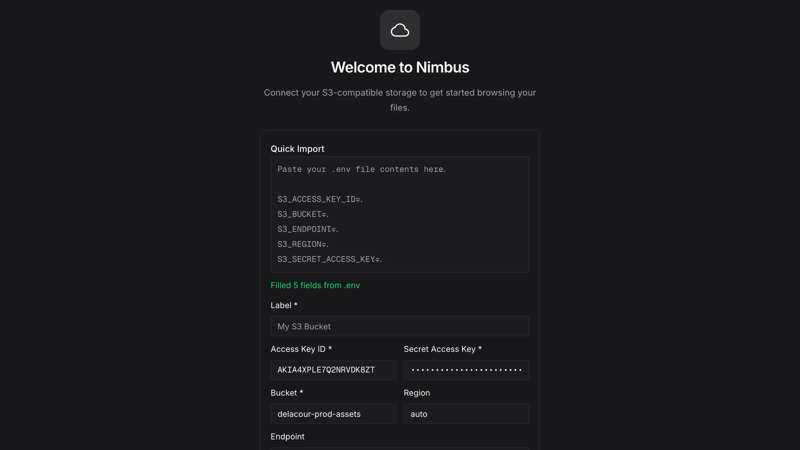 The Nimbus onboarding form auto-filled from a pasted .env file