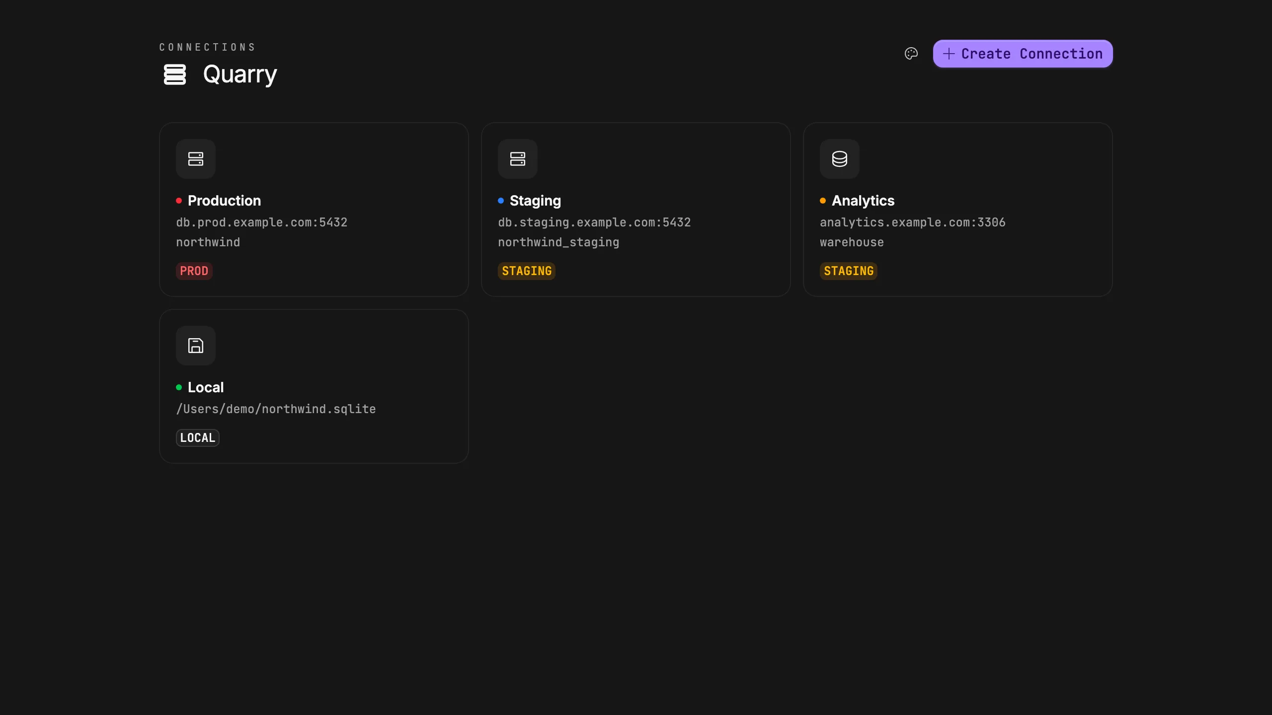 Quarry connections list with Production Postgres, Staging, Analytics MySQL and Local SQLite