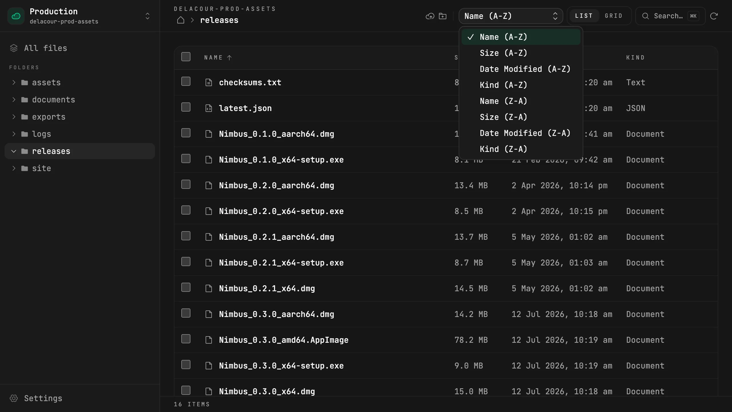 The Nimbus sort menu open over a file listing, showing eight sort orders