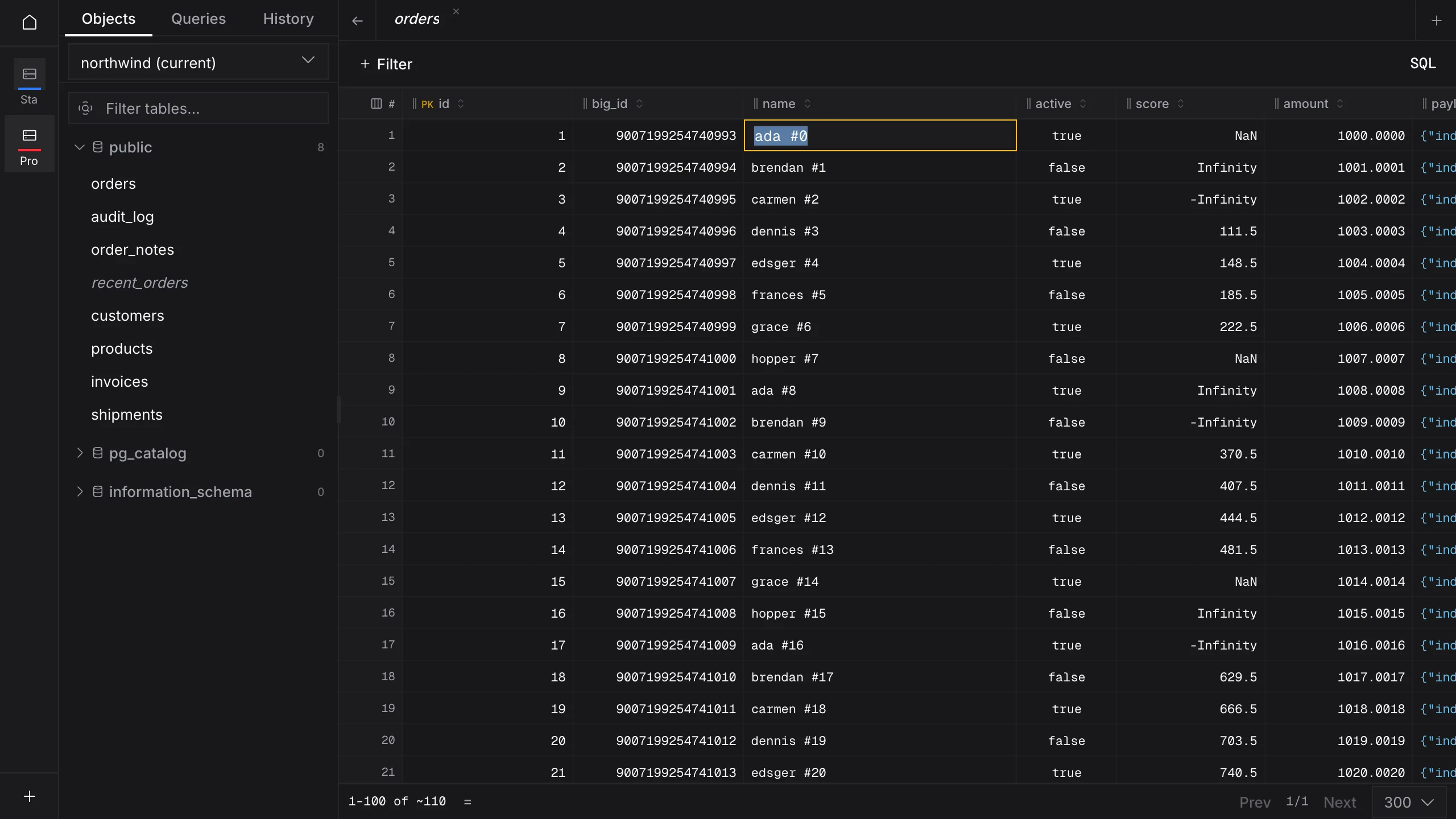 Quarry orders grid with the inline cell editor open on the first name