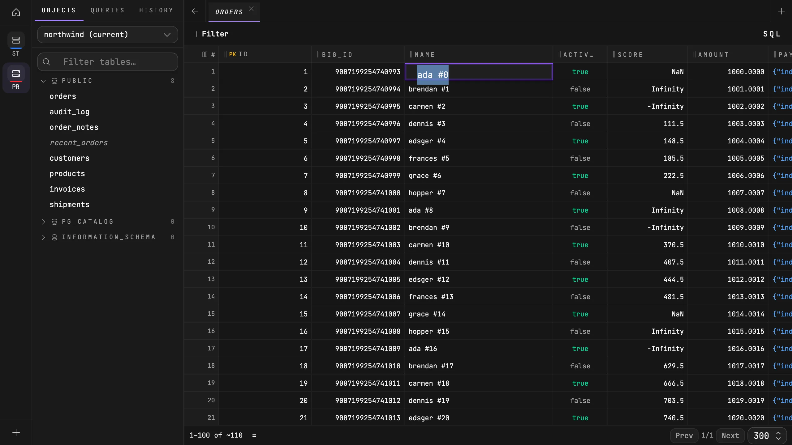 Quarry orders grid with the inline cell editor open on the first name