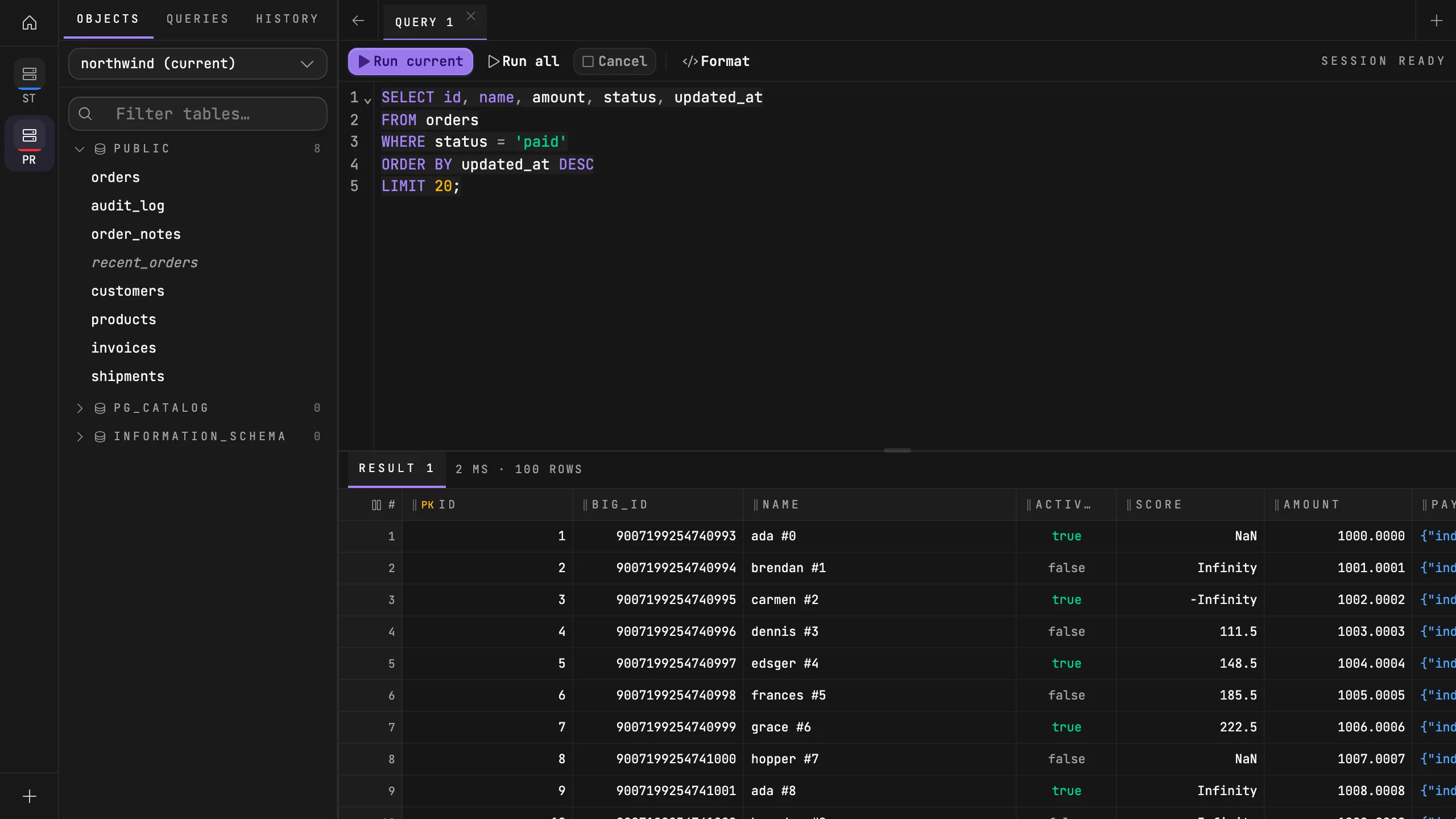Quarry query editor with a SELECT on orders and the result grid below
