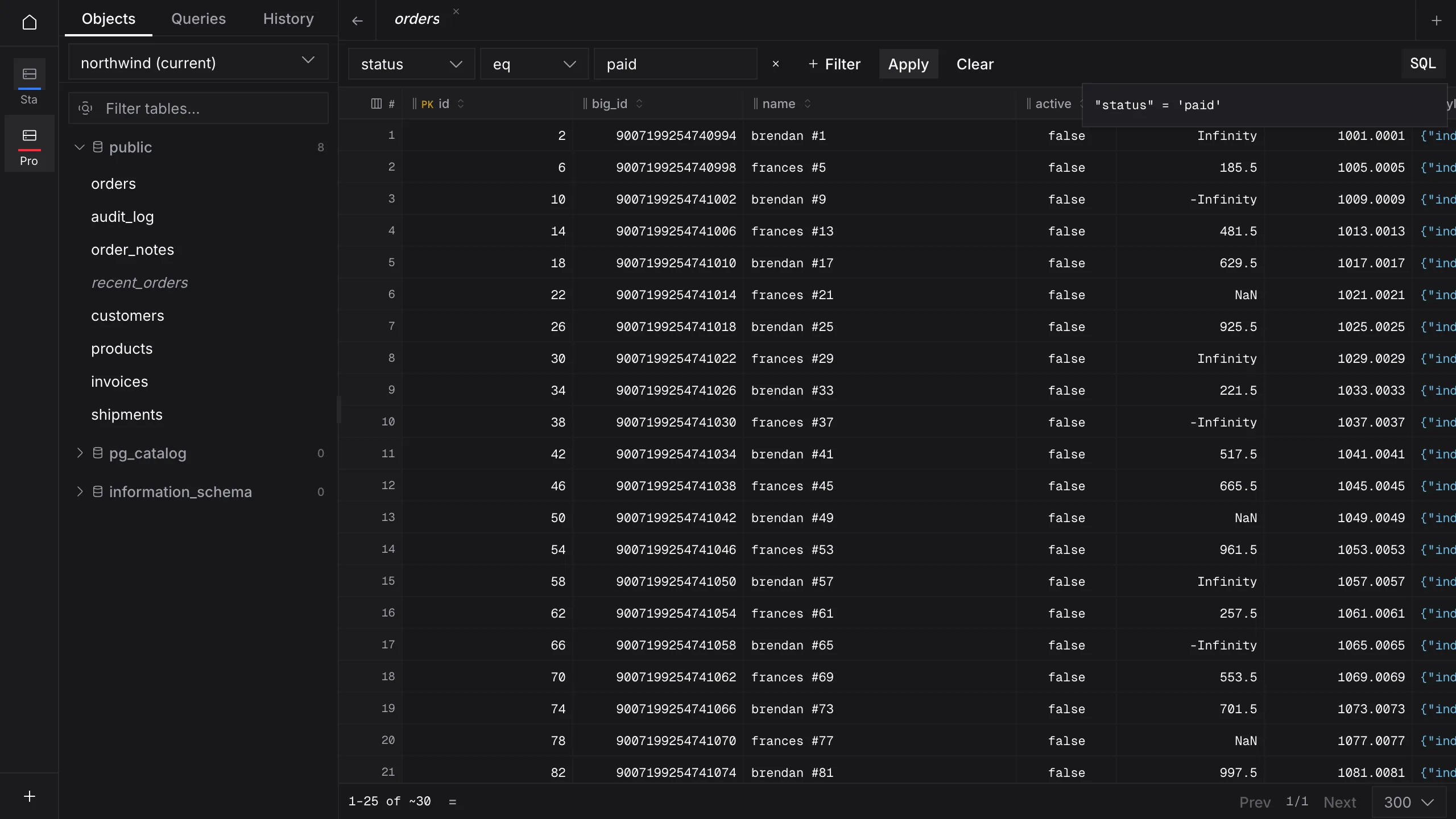 Quarry orders grid filtered to status equals paid, with the SQL preview popover open