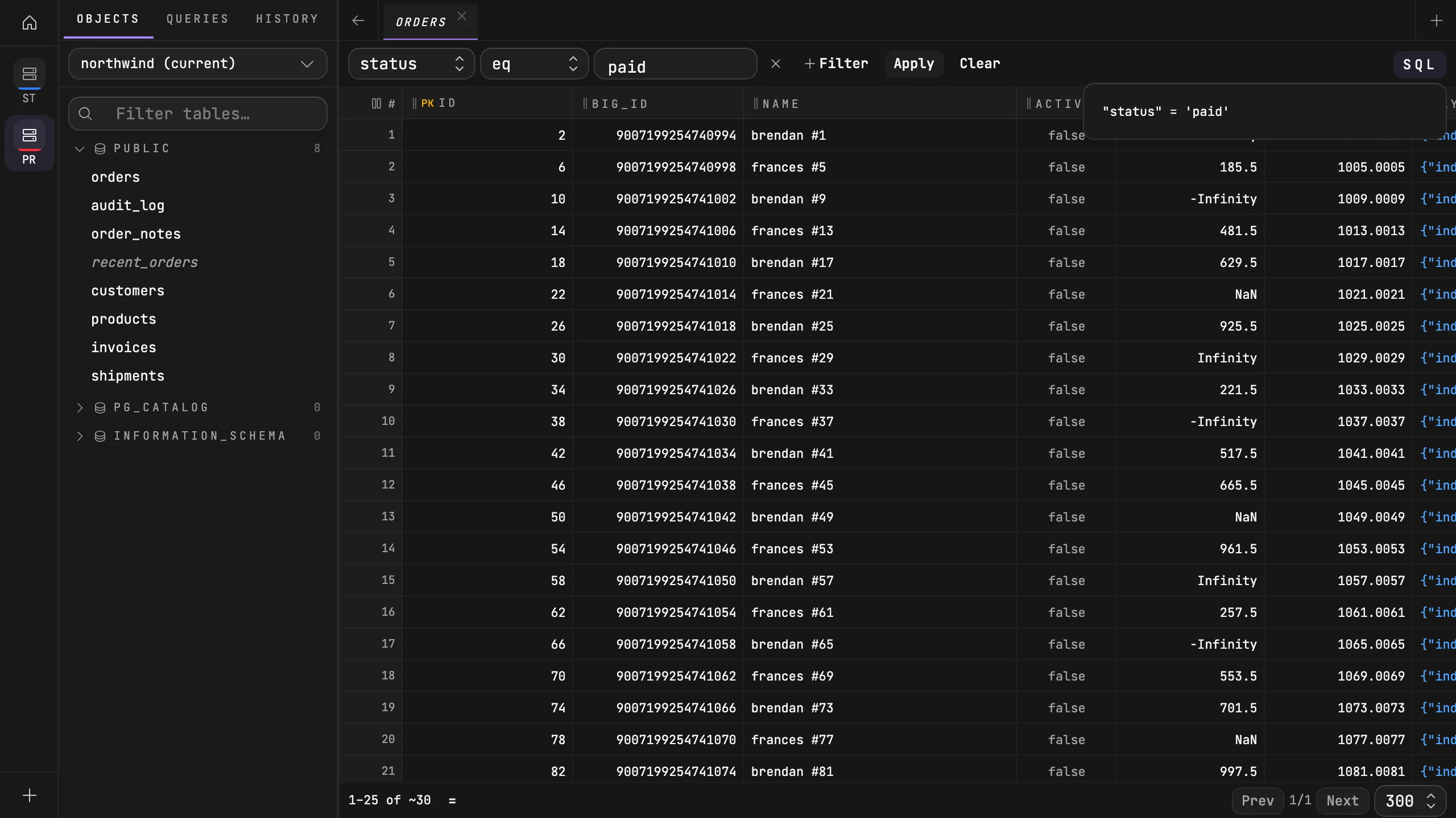 Quarry orders grid filtered to status equals paid, with the SQL preview popover open
