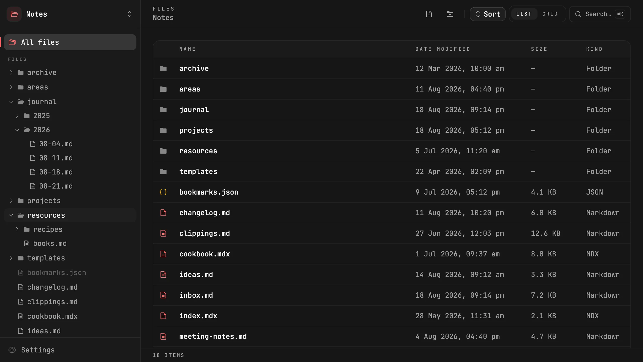 The Folio sidebar tree expanded into journal/2026 and resources/recipes