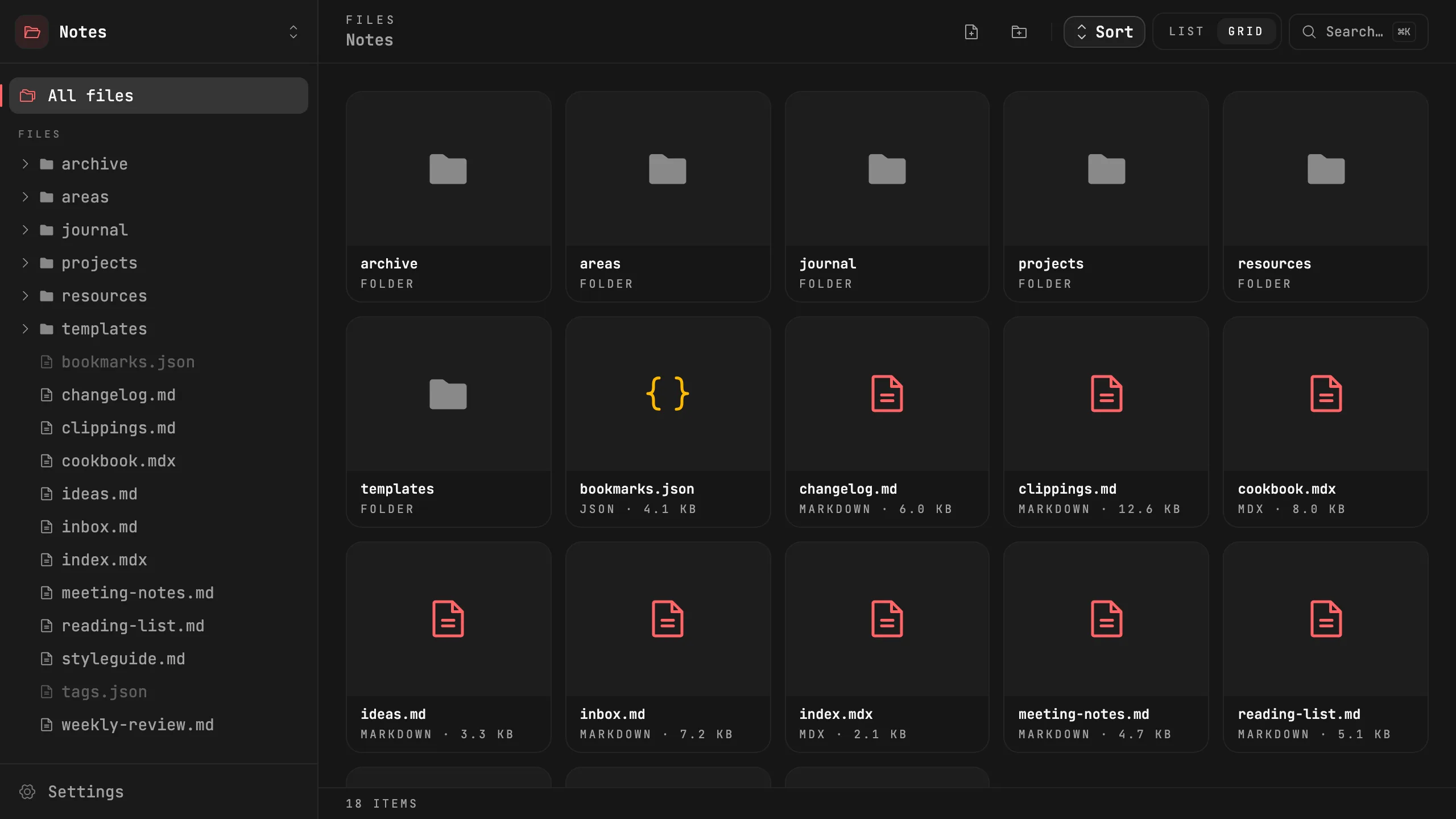 The same Notes workspace in Folio's grid view, as large folder and file icons