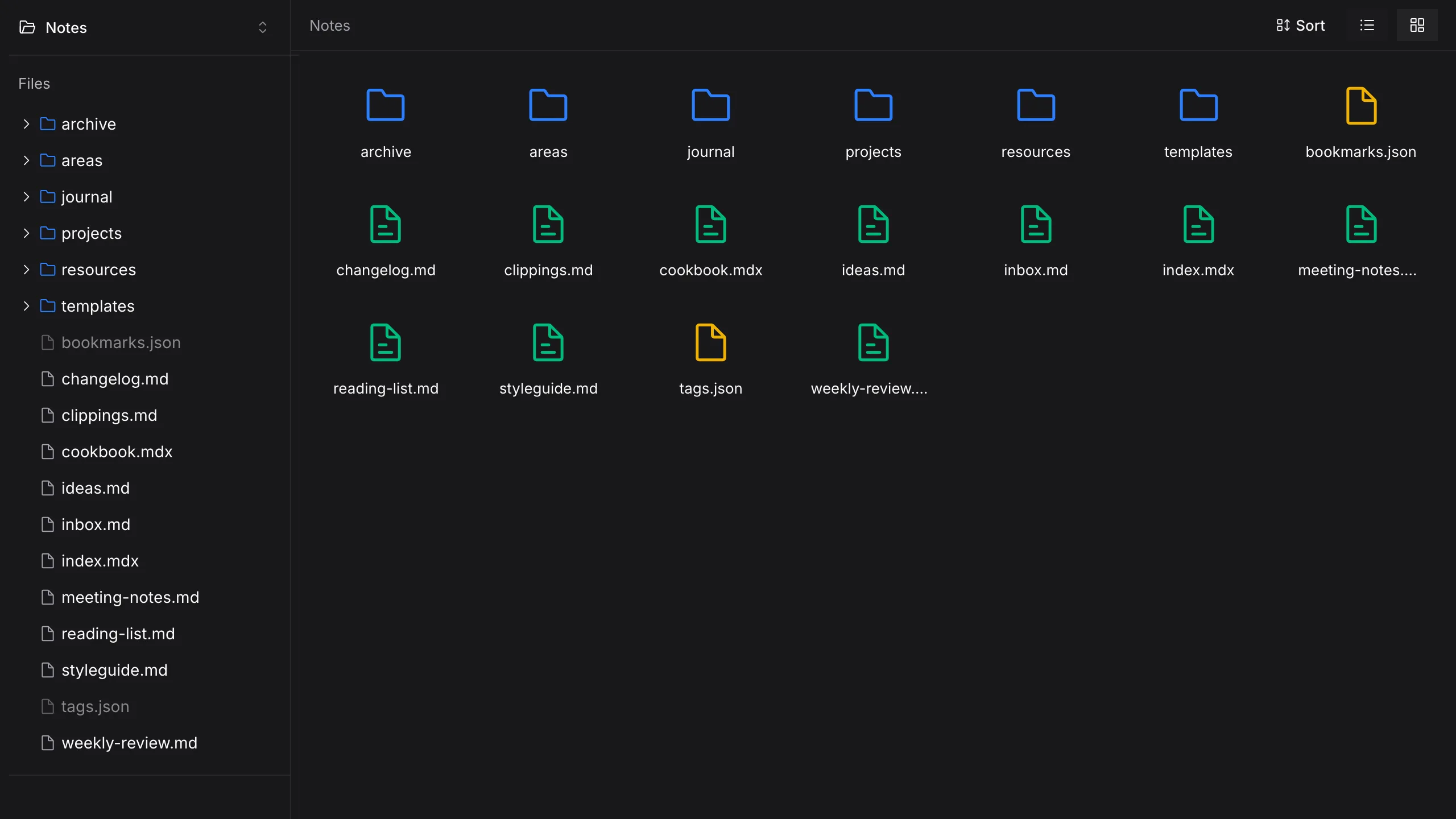 Folio grid view of a Notes workspace with folder and markdown file icons