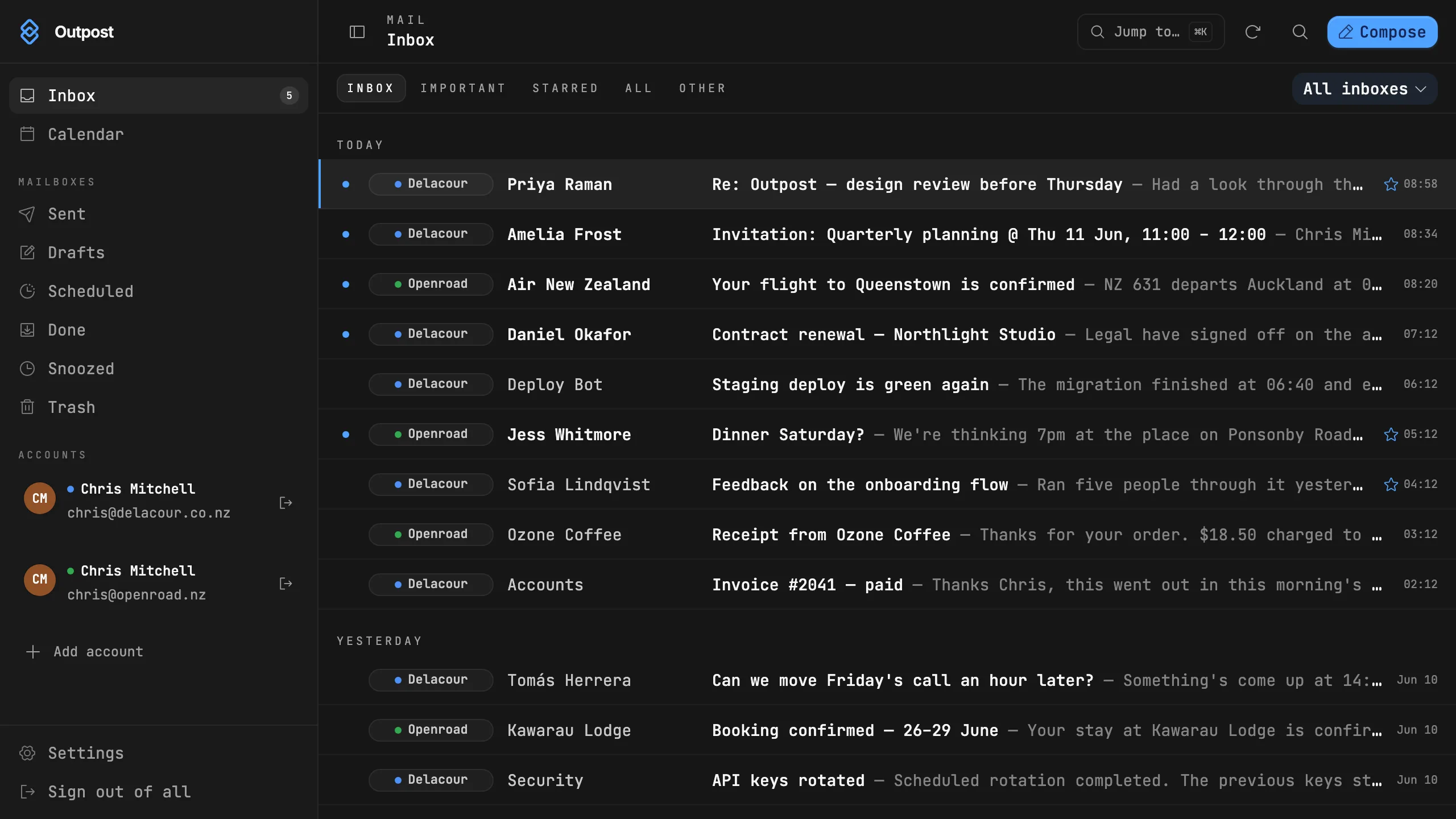 Outpost unified inbox showing mail from two accounts, colour-coded and grouped by date