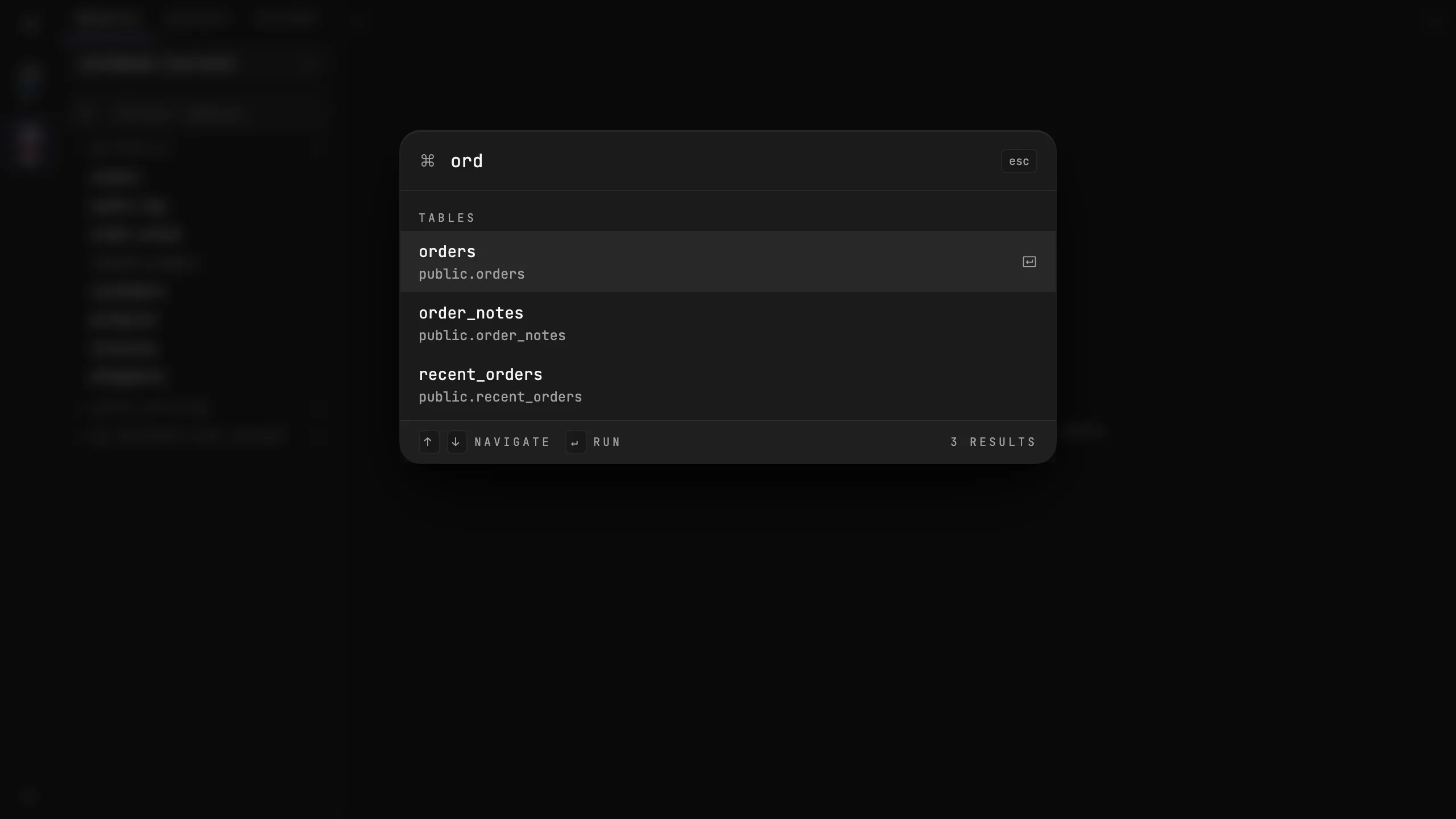 Quarry command palette filtered to orders, order_notes and recent_orders