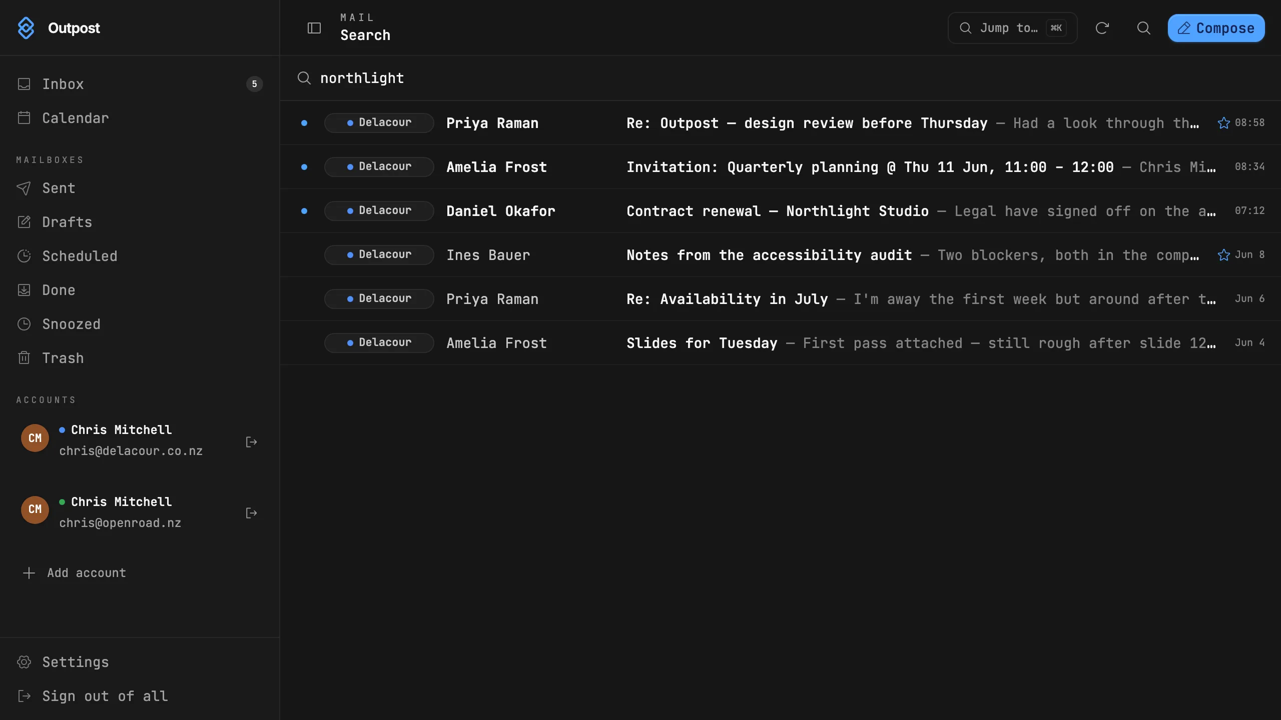Outpost search results for a client domain, merged across connected accounts