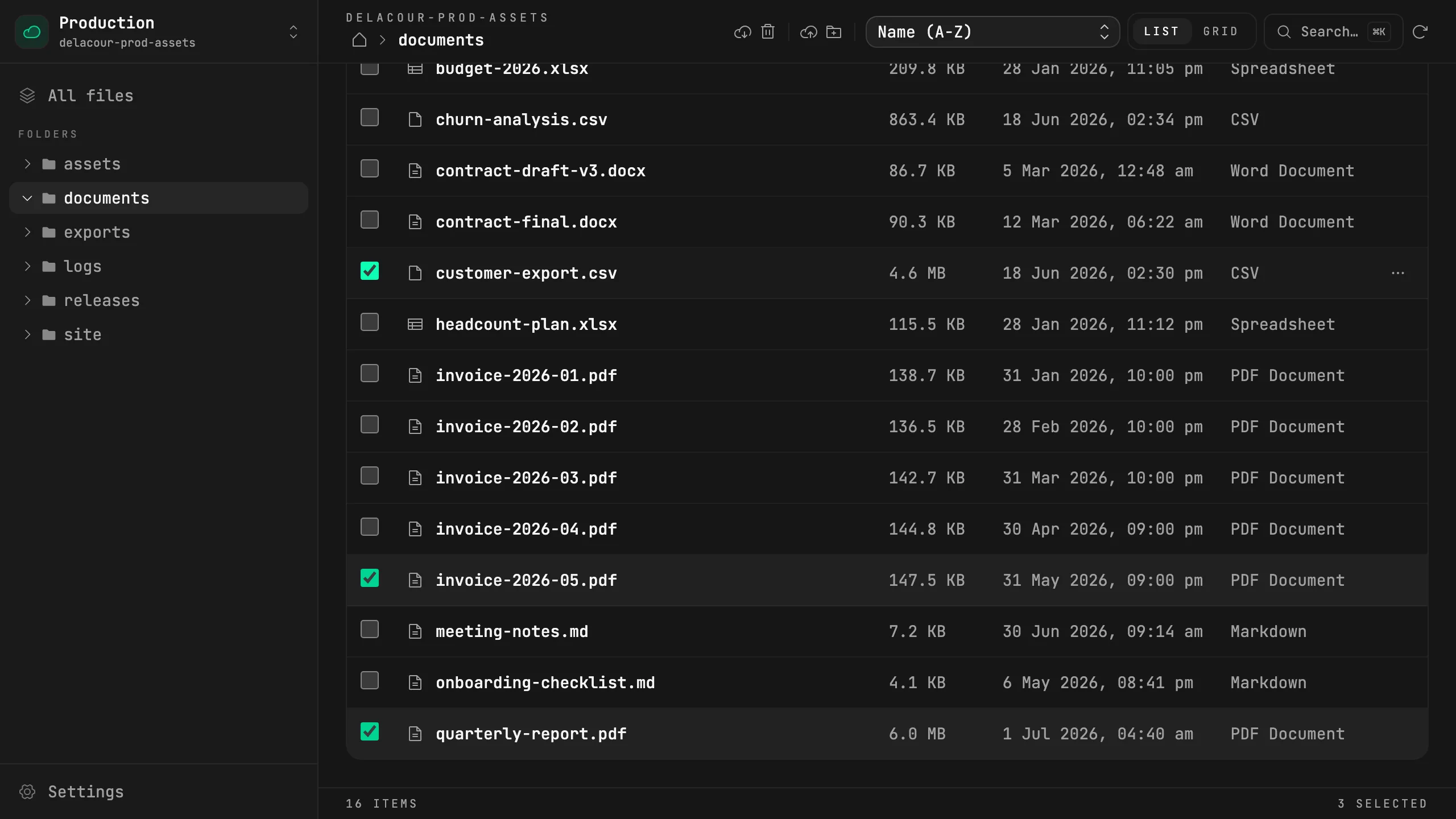 Three files selected in Nimbus with download and delete actions in the toolbar
