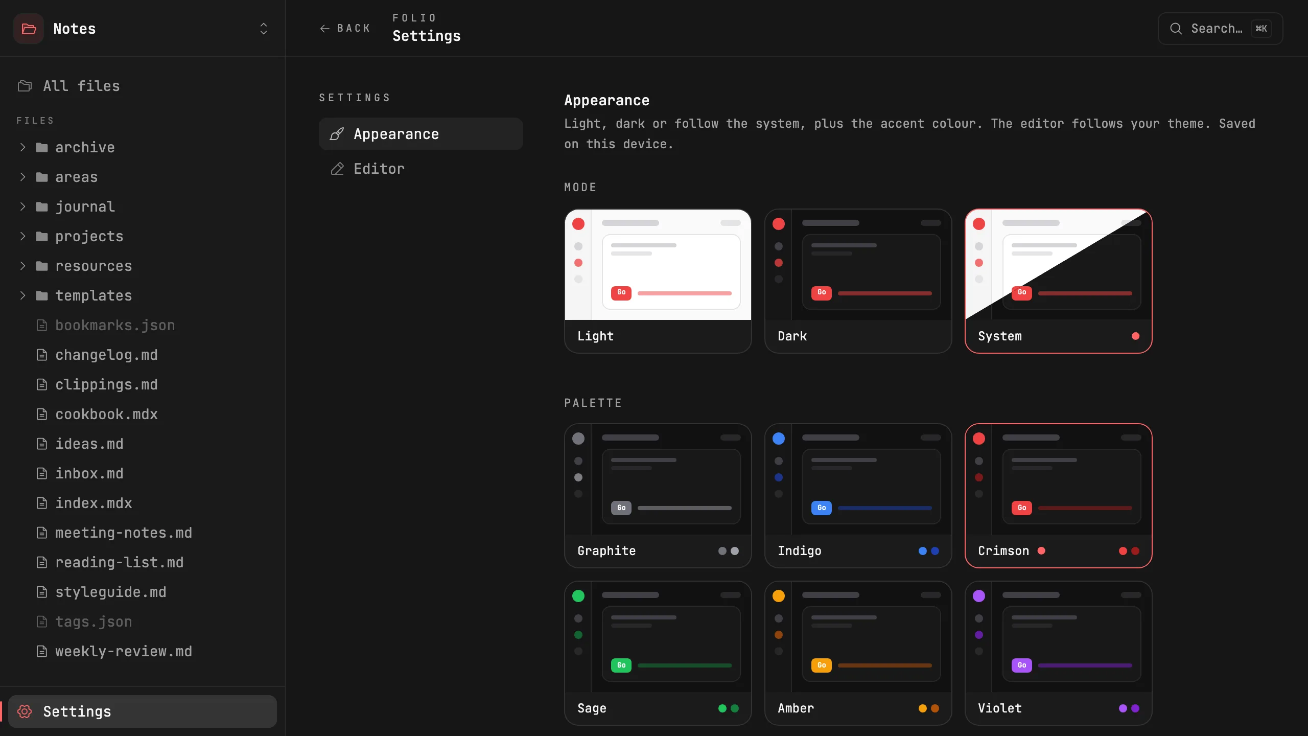 Folio's settings: theme, font size, line height, tab size and editor toggles
