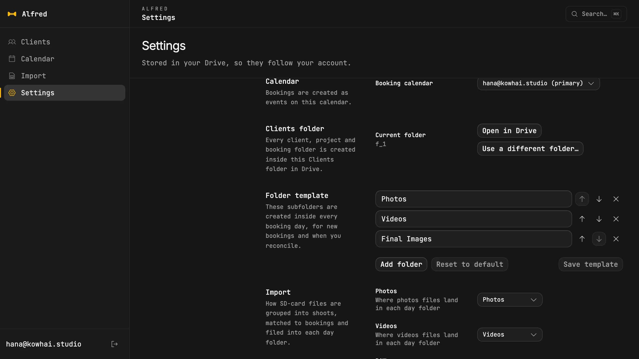 Alfred settings showing the folder template with Photos, Videos and Final Images, each with move and remove controls