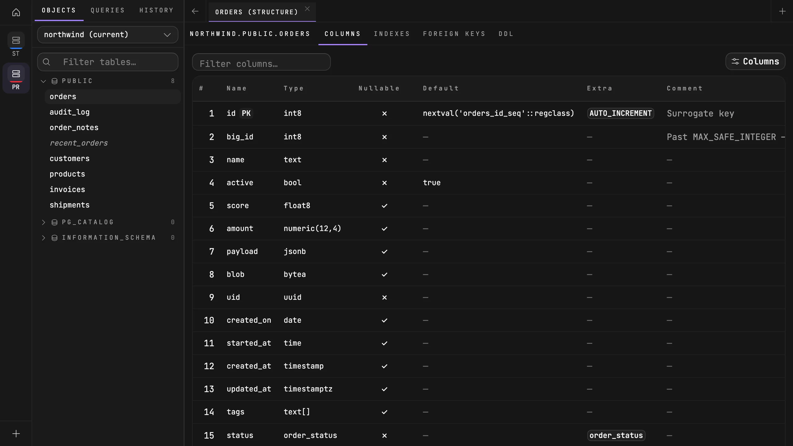 Quarry structure tab for public.orders listing columns, types, defaults and comments