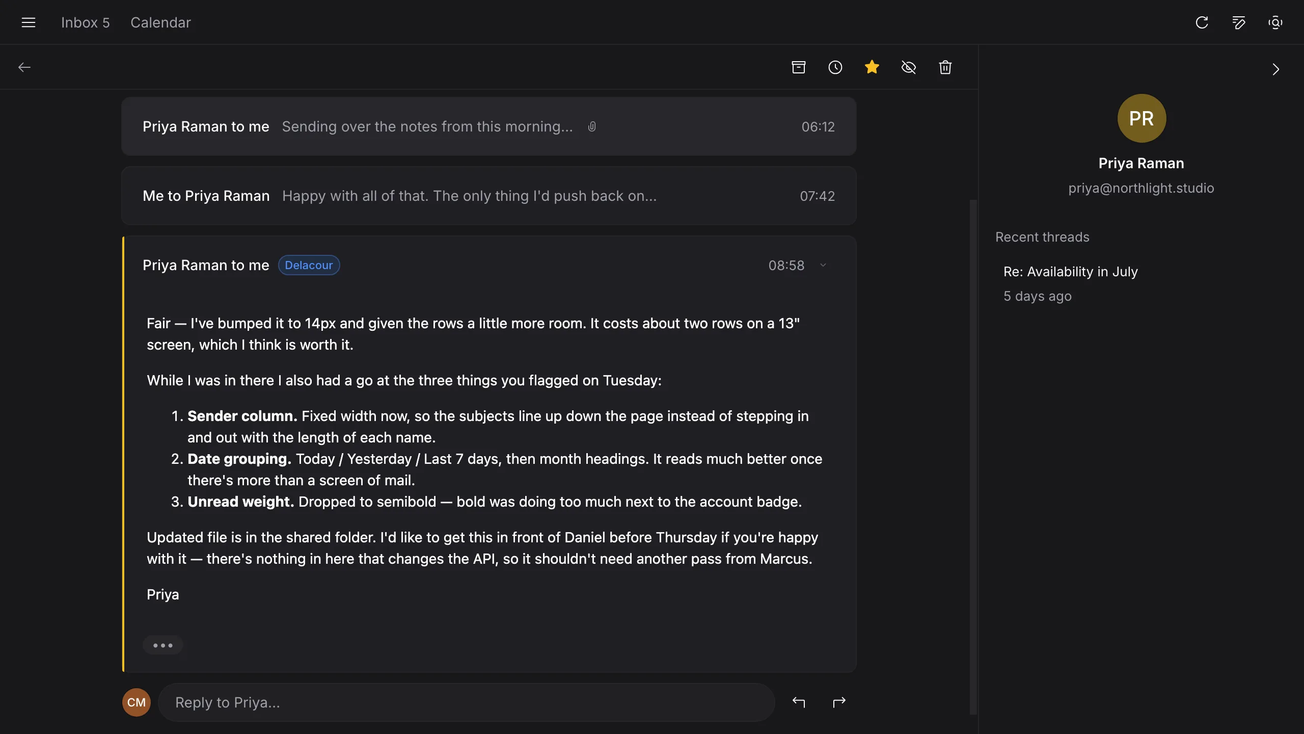 Outpost thread reader with collapsed messages, a trimmed quote and the sender's recent mail