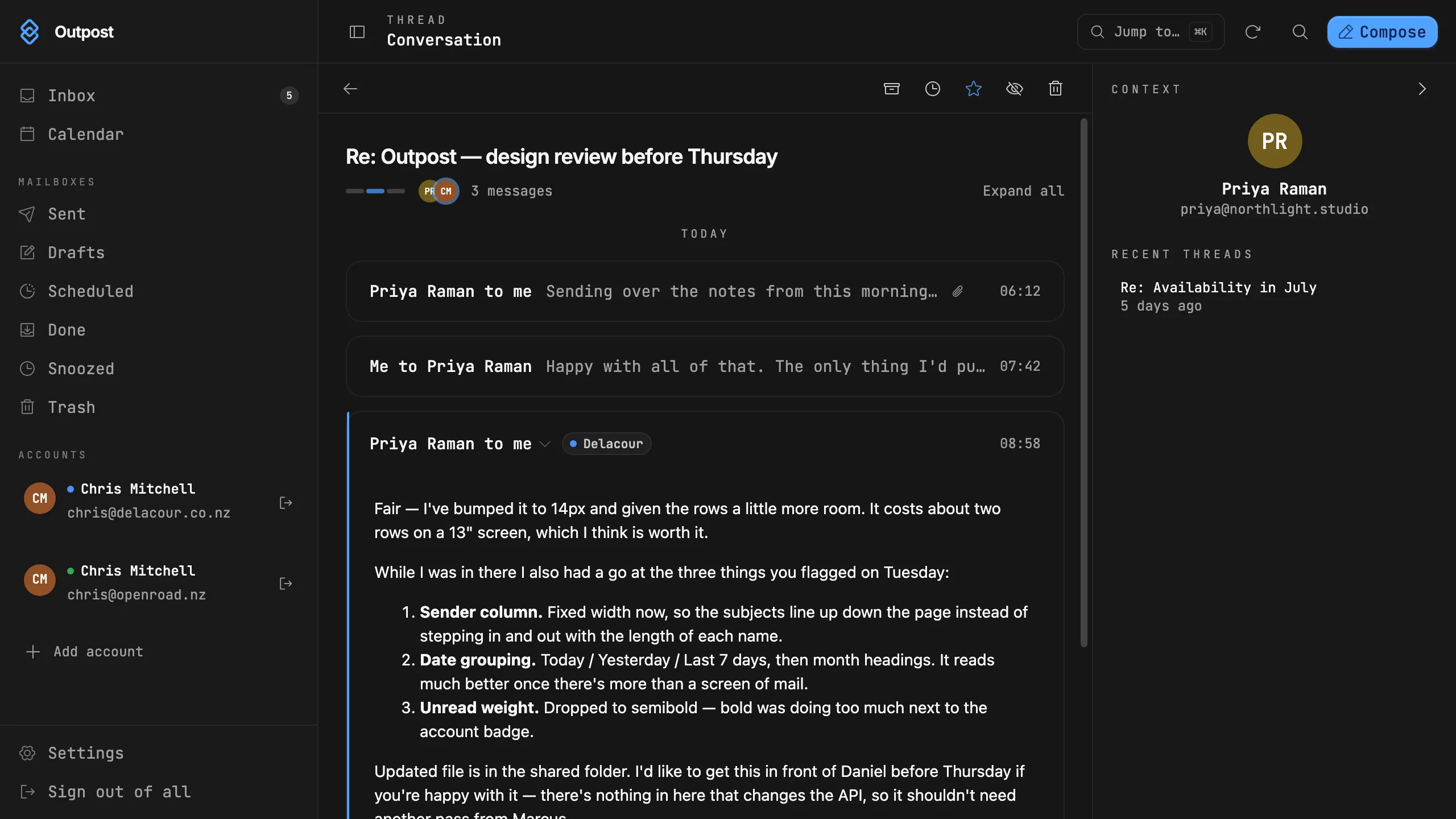 Outpost thread reader with collapsed messages, a trimmed quote and the sender's recent mail